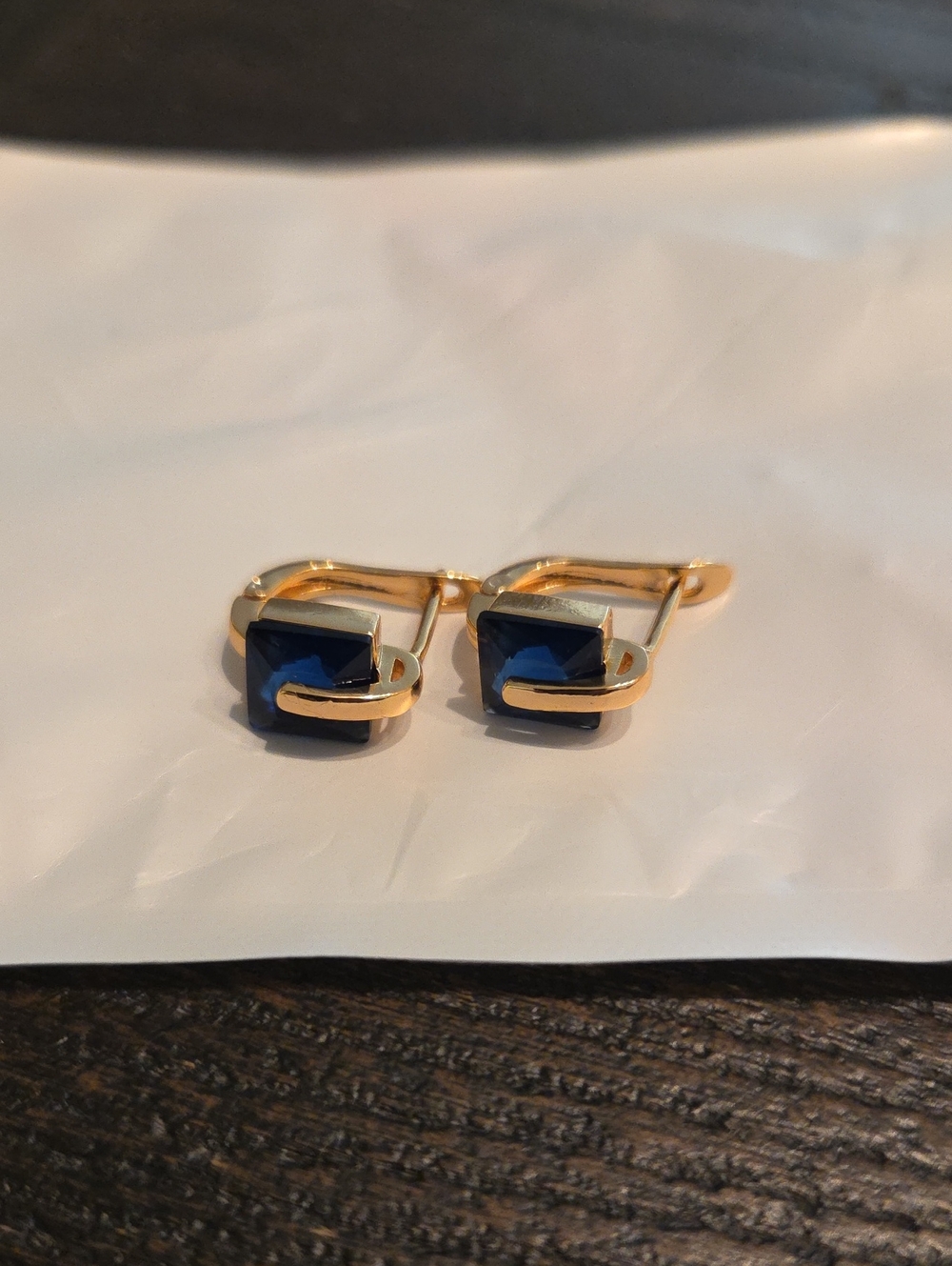 Gold Tone Earrings with Blue Square Stones